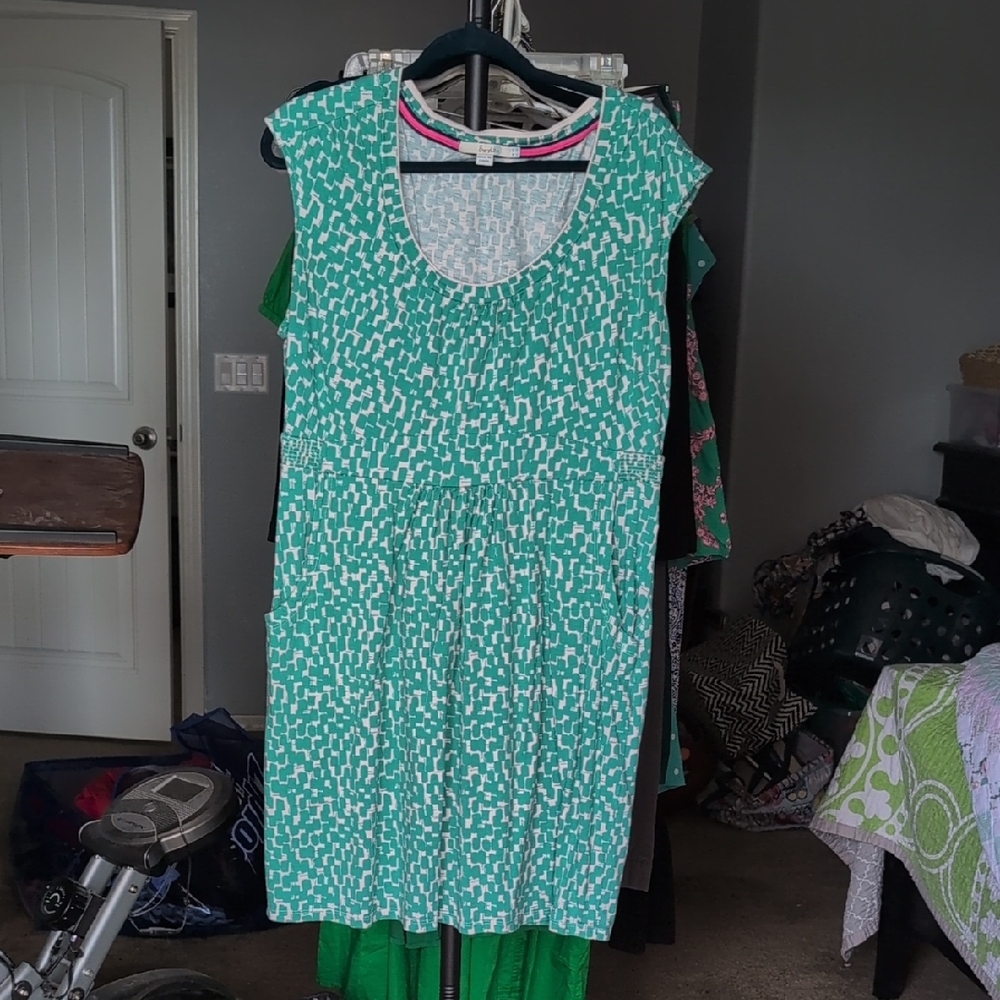 Boden Green/Teal and White Geometric Dress With Pockets